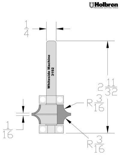 Whiteside 3192 Full Bead Router Bit 3/16" Radius 1" Large Diameter 1/2" Cut Length 1/4" Shank 2 Flute