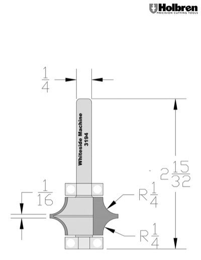 Whiteside 3194 Full Bead Router Bit 1/4" Radius 1-1/8" Large Diameter 5/8" Cut Length 1/4" Shank 2 Flute