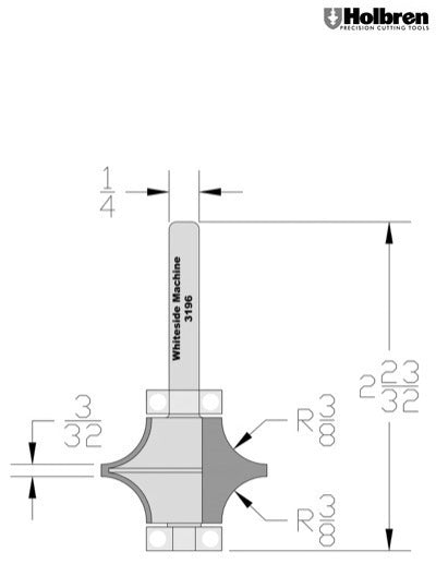 Whiteside 3196 Full Bead Router Bit 3/8" Radius 1-3/8" Large Diameter 7/8" Cut Length 1/4" Shank 2 Flute