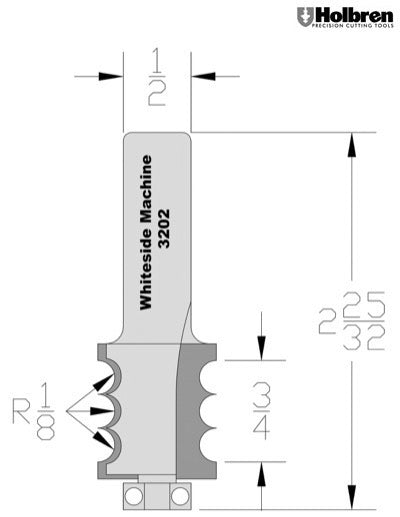 Whiteside 3202 Multi-Beading Router Bit 1/8" Radius 7/8" Large Diameter 1" Cut Length 1/2" Shank 2 Flute