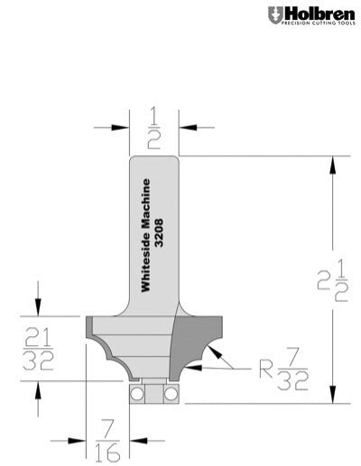 Whiteside 3208 Double Round Router Bit 7/32" Radius 1-3/8" Large Diameter 5/8" Cut Length 1/2" Shank 2 Flute