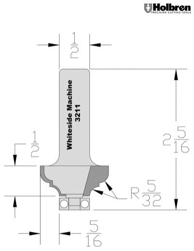 Whiteside 3211 Cove & Bead Router Bit 5/32" Radius 1-1/8" Large Diameter 1/2" Cut Length 1/2" Shank 2 Flute