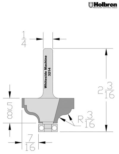 Whiteside 3214 Ogee Fillet Router Bit 3/16" Radius 1-3/8" Large Diameter 5/8" Cut Length 1/4" Shank 2 Flute