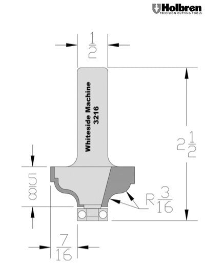 Whiteside 3216 Ogee Fillet Router Bit 3/16" Radius 1-3/8" Large Diameter 5/8" Cut Length 1/2" Shank 2 Flute