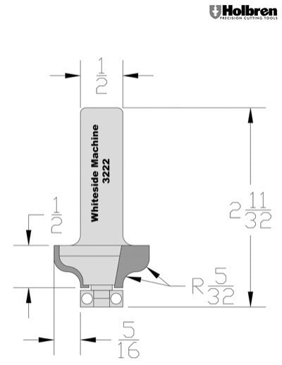 Whiteside 3222 Ogee Router Bit 5/32" Radius 1-1/8" Large Diameter 1/2" Cut Length 1/2" Shank 2 Flute