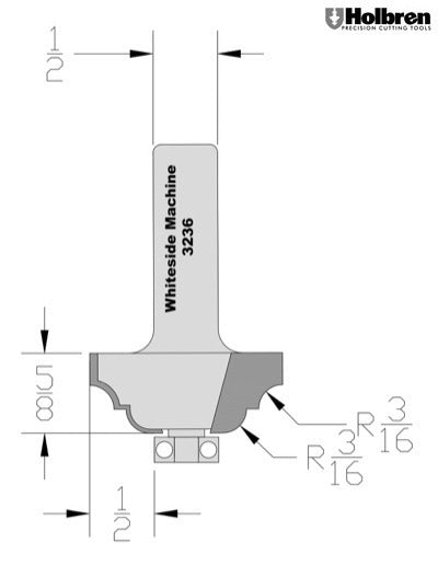 Whiteside 3236 Classical Pattern Router Bit 3/16" Radius 1-1/2" Large Diameter 5/8" Cut Length 1/2" Shank 2 Flute