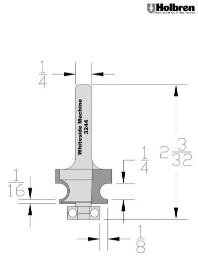 Whiteside 3244 Edge Beading Router Bit 1/4" Bead Diameter 9/16" Cut Length 1/4" Shank 2 Flute