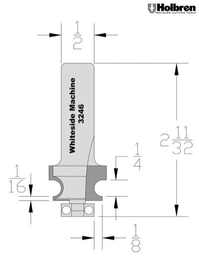 Whiteside 3246 Edge Beading Router Bit 1/4" Bead Diameter 9/16" Cut Length 1/2" Shank 2 Flute
