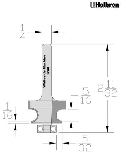 Whiteside 3248 Edge Beading Router Bit 5/16" Bead Diameter 5/8" Cut Length 1/4" Shank 2 Flute