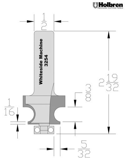 Whiteside 3254 Edge Beading Router Bit 3/8" Bead Diameter 3/4" Cut Length 1/2" Shank 2 Flute