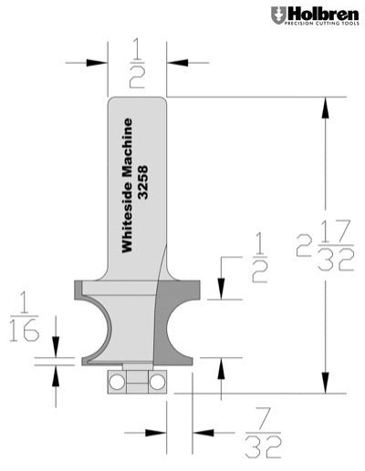 Whiteside 3258 Edge Beading Router Bit 1/2" Bead Diameter 3/4" Cut Length 1/2" Shank 2 Flute