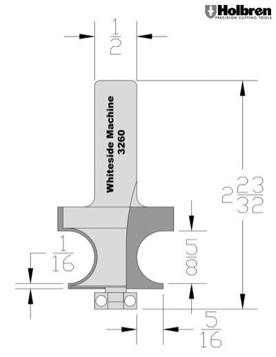 Whiteside 3260 Edge Beading Router Bit 5/8" Bead Diameter 1" Cut Length 1/2" Shank 2 Flute