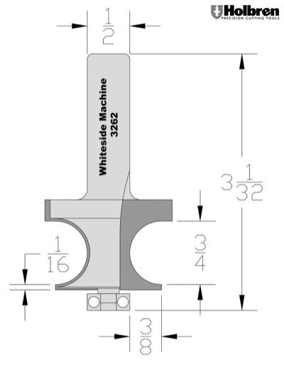 Whiteside 3262 Edge Beading Router Bit 3/4" Bead Diameter 1-1/8" Cut Length 1/2" Shank 2 Flute