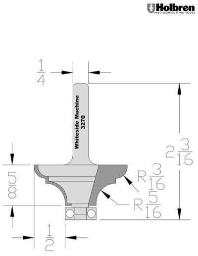 Whiteside 3270 French Traditional Router Bit 3/16" & 5/16" Radius 1-1/2" Large Diameter 5/8" Cut Length 1/4" Shank 2 Flute