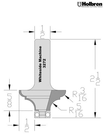 Whiteside 3272 French Traditional Router Bit 3/16" & 5/16" Radius 1-1/2" Large Diameter 5/8" Cut Length 1/2" Shank 2 Flute