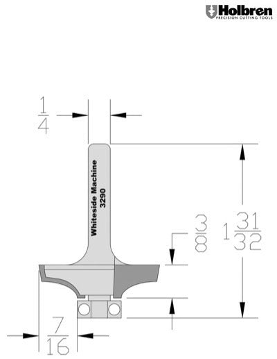 Whiteside 3290 Thumbnail Table Edge Router Bit 7/16" Profile Width 1-3/8" Large Diameter 3/8" Cut Length 1/2" Shank 2 Flute ...