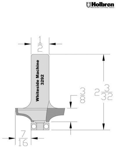 Whiteside 3292 Thumbnail Table Edge Router Bit 7/16" Profile Width 1-3/8" Large Diameter 3/8" Cut Length 1/2" Shank 2 Flute