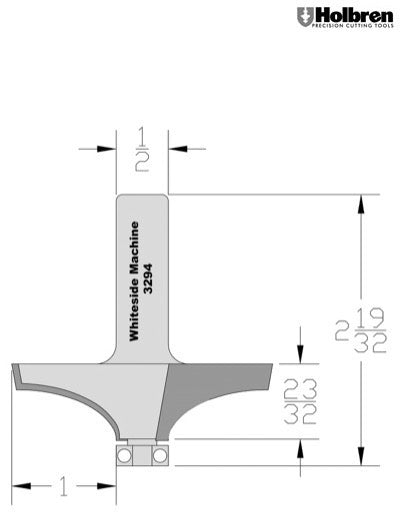 Whiteside 3294 Thumbnail Table Edge Router Bit 1" Profile Width 2-1/2" Large Diameter 3/4" Cut Length 1/2" Shank 2 Flute