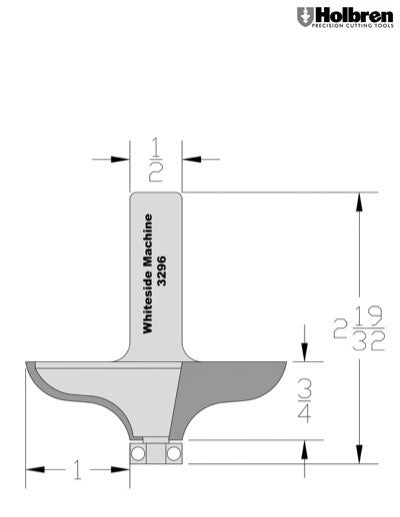 Whiteside 3296 Traditional Table Edge Router Bit 1" Profile Width 2-1/2" Large Diameter 3/4" Cut Length 1/2" Shank 2 Flute