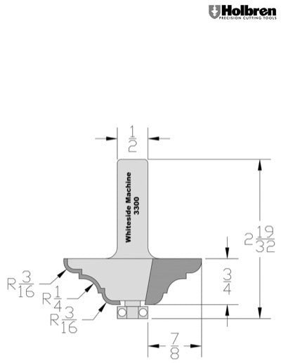 Whiteside 3300 French Baroque Table Edge Router Bit 7/8" Profile Width 2-1/4" Large Diameter 3/4" Cut Length 1/2" Shank 2 Flute