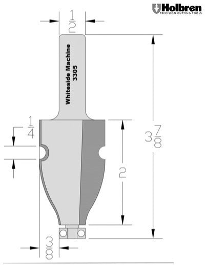 Whiteside 3305 Handrail Router Bit 1-1/4" Large Diameter 2" Cut Length 1/2" Shank 2 Flute