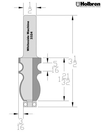 Whiteside 3324 Specialty Molding Router Bit 7/8" Large Diameter 1-5/8" Cut Length 1/2" Shank 2 Flute