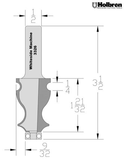 Whiteside 3326 Specialty Molding Router Bit 1-1/16" Large Diameter 1-5/8" Cut Length 1/2" Shank 2 Flute