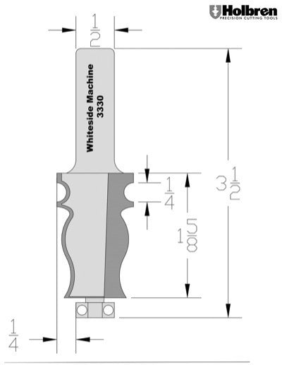 Whiteside 3330 Specialty Molding Router Bit 1" Large Diameter 1-5/8" Cut Length 1/2" Shank 2 Flute