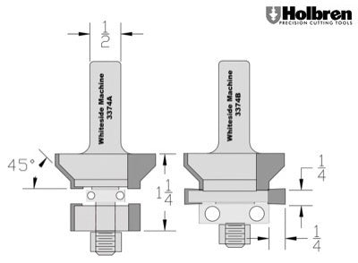 Whiteside 3374 Vee Panel Tongue & Groove Router Bit Set 1/2" Shank 2 Flute