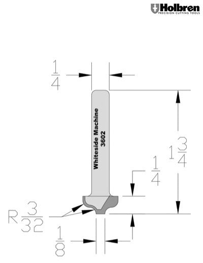 Whiteside 3602 Plunge Ogee Router Bit 3/32" Radius 1/8" Small Diameter 1/2" Large Diameter 1/4" Cut Length 2 Flute 1/4" Shank