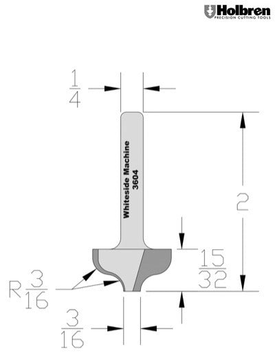 Whiteside 3604 Plunge Ogee Router Bit 3/16" Radius 3/16" Small Diameter 7/8" Large Diameter 1/2" Cut Length 2 Flute 1/4" Shank