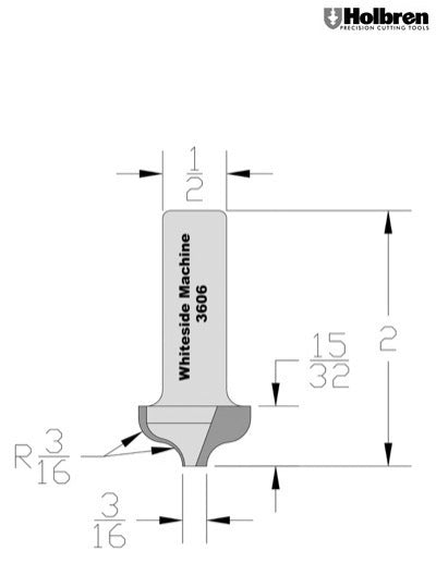 Whiteside 3606 Plunge Ogee Router Bit 3/16" Radius 3/16" Small Diameter 7/8" Large Diameter 1/2" Cut Length 2 Flute 1/2" Shank