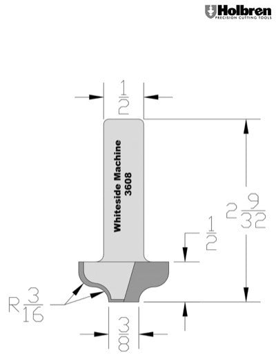 Whiteside 3608 Plunge Ogee Router Bit 3/16" Radius 3/8" Small Diameter 1 1/8" Large Diameter 1/2" Cut Length 1/2" Shank 2 Flute