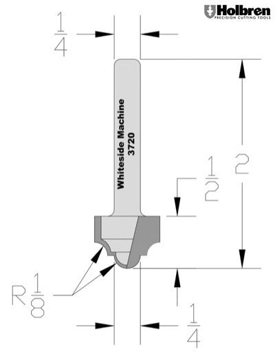 Whiteside 3720 Classical Round Bottom Router Bit 1/8" Radius 5/8" Large Diameter 1/2" Cut Length 1/2" Shank 2 Flute