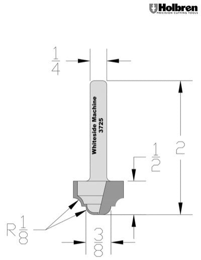 Whiteside 3725 Classical Round Bottom Router Bit 1/8" Radius 3/4" Large Diameter 1/2" Cut Length 1/4" Shank 2 Flute