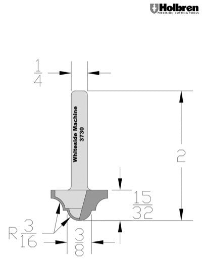Whiteside 3730 Classical Round Bottom Router Bit 3/16" Radius 7/8" Large Diameter 1/2" Cut Length 1/4" Shank 2 Flute