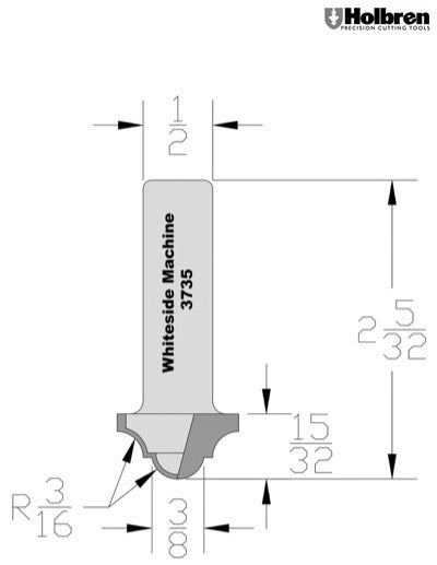 Whiteside 3735 Classical Round Bottom Router Bit 3/16" Radius 7/8" Large Diameter 1/2" Cut Length 1/2" Shank 2 Flute