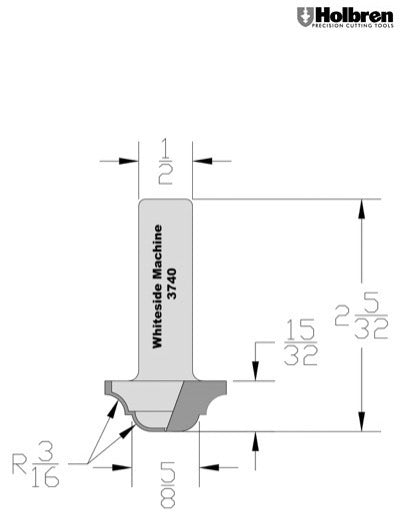 Whiteside 3740 Classical Round Bottom Router Bit 3/16" Radius 1-1/8" Large Diameter 1/2" Cut Length 1/2" Shank 2 Flute