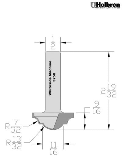 Whiteside 3750 Classical Round Bottom Router Bit 7/32" Radius 1-3/8" Large Diameter 9/16" Cut Length 1/2" Shank 2 Flute