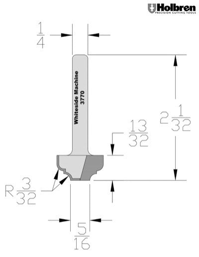 Whiteside 3770 Classical Flat Bottom Router Bit 7/64" Radius 3/4" Large Diameter 3/8" Cut Length 1/4" Shank 2 Flute