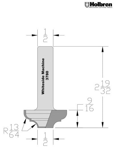 Whiteside 3780 Classical Flat Bottom Router Bit 13/64" Radius 1-3/8" Large Diameter 9/16" Cut Length 1/2" Shank 2 Flute