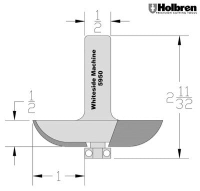 Whiteside 5950 Cove Raised Panel Router Bit 2-1/2" Large Diameter 1/2" Cut Length 1/2" Shank 2 Flute