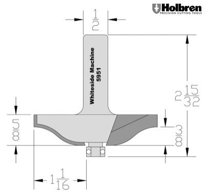 Whiteside 5951 Ogee Raised Panel Router Bit 2-1/2" Large Diameter 5/8" Cut Length 1/2" Shank 2 Flute