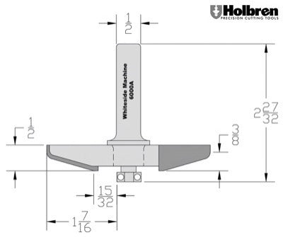 Whiteside 6000A Angle & Cove Large Raised Panel Profile Router Bit 3-3/8" Large Diameter 1-7/16" Cut Length 1/2" Shank 3 Flute