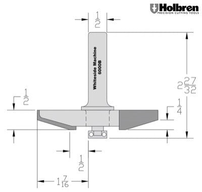 Whiteside 6000B Angle Large Raised Panel Profile Router Bit 3-3/8" Large Diameter 1-7/16" Cut Length 1/2" Shank 3 Flute