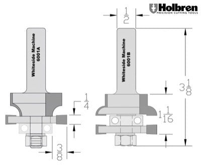 Whiteside 6001 Round Stile & Rail Router Bit Set 1" Cut Length 1/2" Shank 2 Flute