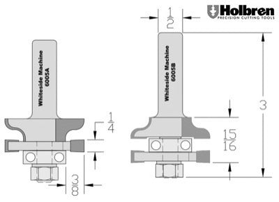 Whiteside 6005 Traditional Stile & Rail Router Bit Set 7/8" Cut Length 1/2" Shank 2 Flute