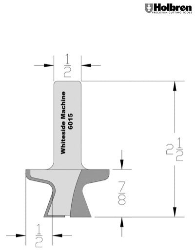 Whiteside 6015 Door Edge Router Bit 1-1/2" Large Diameter 7/8" Cut Length 1/2" Shank 2 Flute