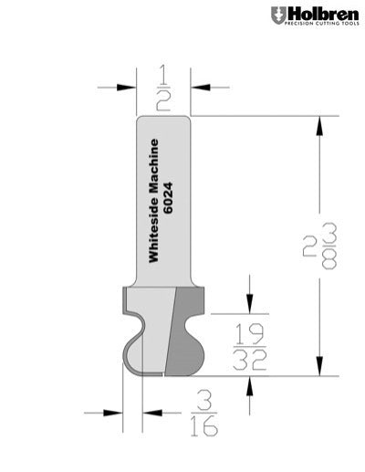 Whiteside 6024 Drawer Pull Router Bit 3/16" Radius 3/4" Large Diameter 7/8" Cut Length 1/2" Shank 2 Flute