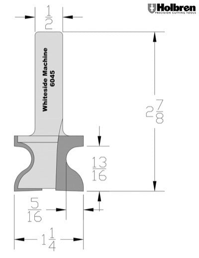 Whiteside 6045 Window Sill Edge Router Bit 7/32" Radius 1-1/4" Large Diameter 13/16" Cut Length 1/2" Shank 2 Flute